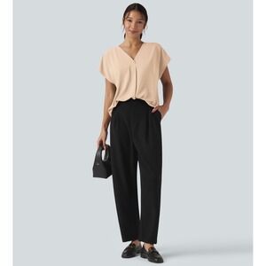 Womens V-Neck Short Sleeve Pleated Blouse Peach Beige Cap Sleeve Top Size L
